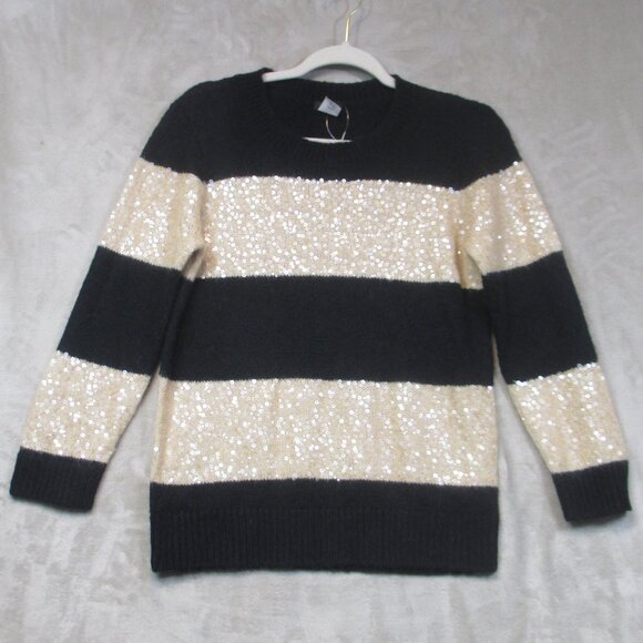 New J Crew Black Gold Stripe Crewneck Sweater Sequin Wool Mohair Blend Sweater M - Picture 2 of 9
